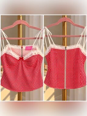 Edikted Red Gingham Lace-Trim Cami